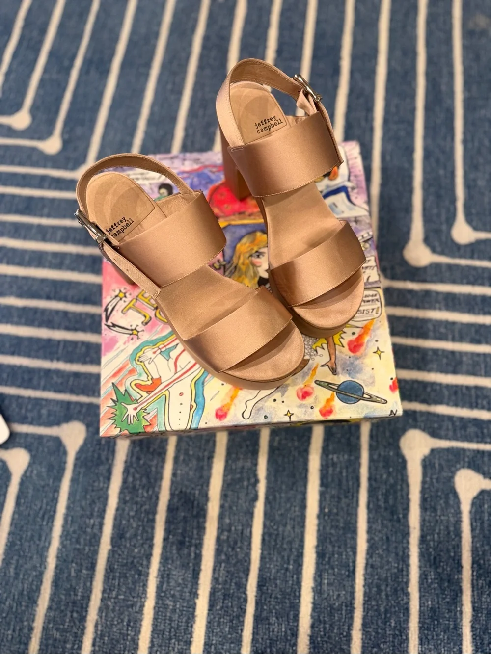 Jeffrey Campbell Champagne Satin Platform Block Heel Sandals